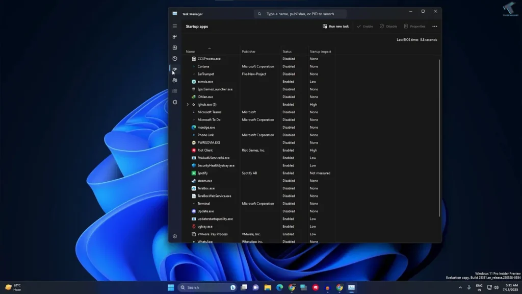 open task bar in windows
